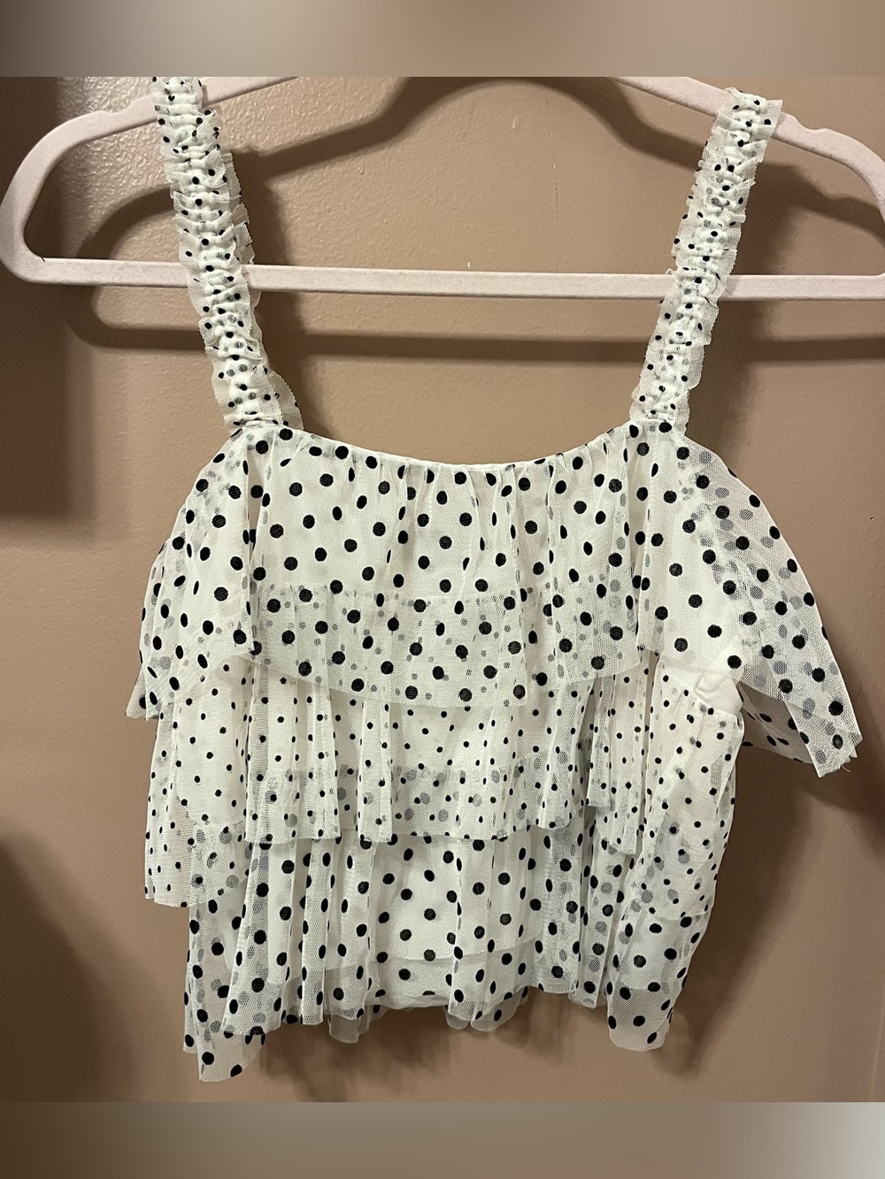 American Eagle White & Black Polka Dot Tiered Ruffle Flowy Tank Top